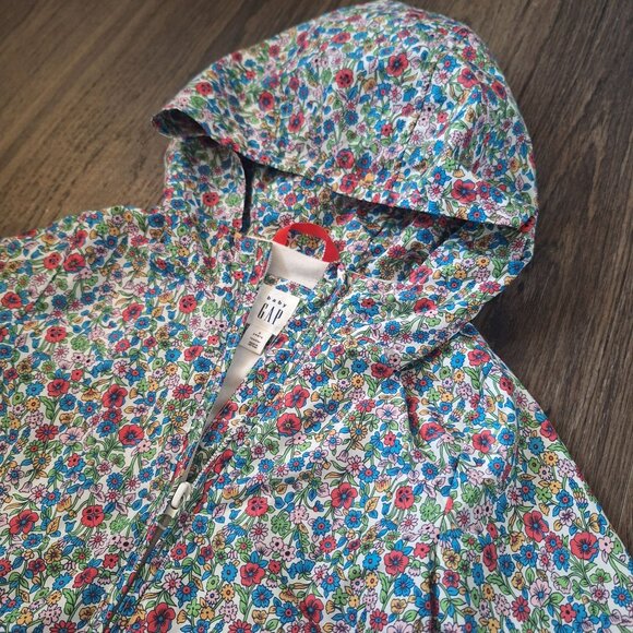💙 Gap Girls Floral Lined Hooded Rain Jacket Size 5T Fall Winter Streetwear Cott - Picture 2 of 7